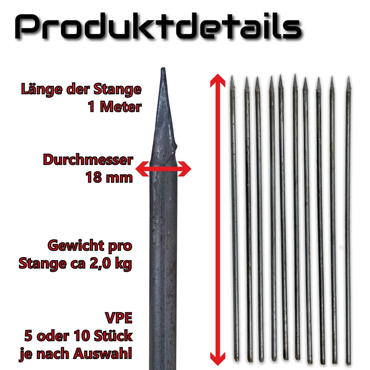 UVEN gesmede aarden nagel als snaarijzer, snaarnagel, snaarpaal, snaarstaaf 1000 mm / 18 mm / 10 stuks, metselijzer, bestratingsnaald