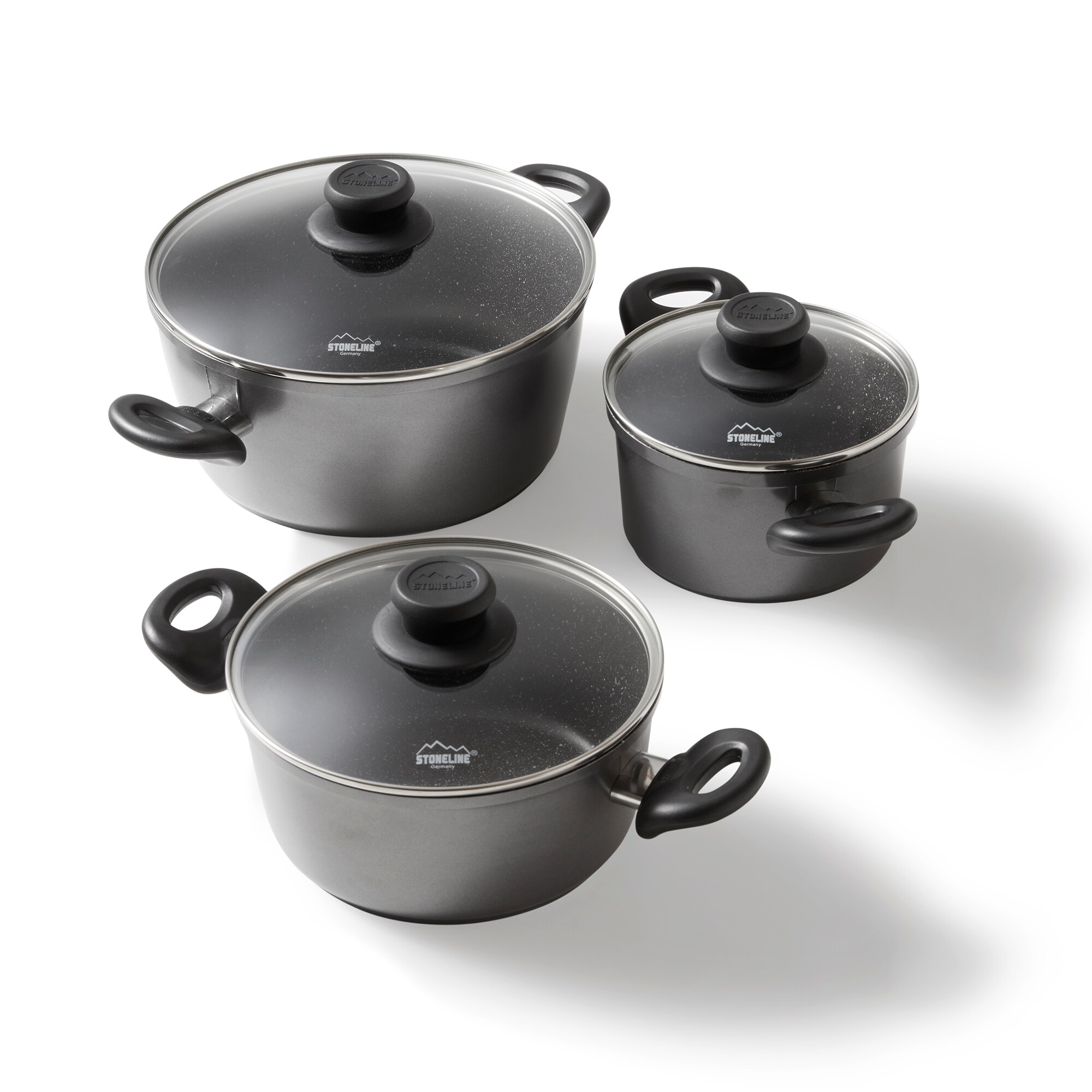 STONELINE® Topfset 6 teilig mit Glasdeckel, beschichtete Aluguss Töpfe Backofen & Induktion geeignet