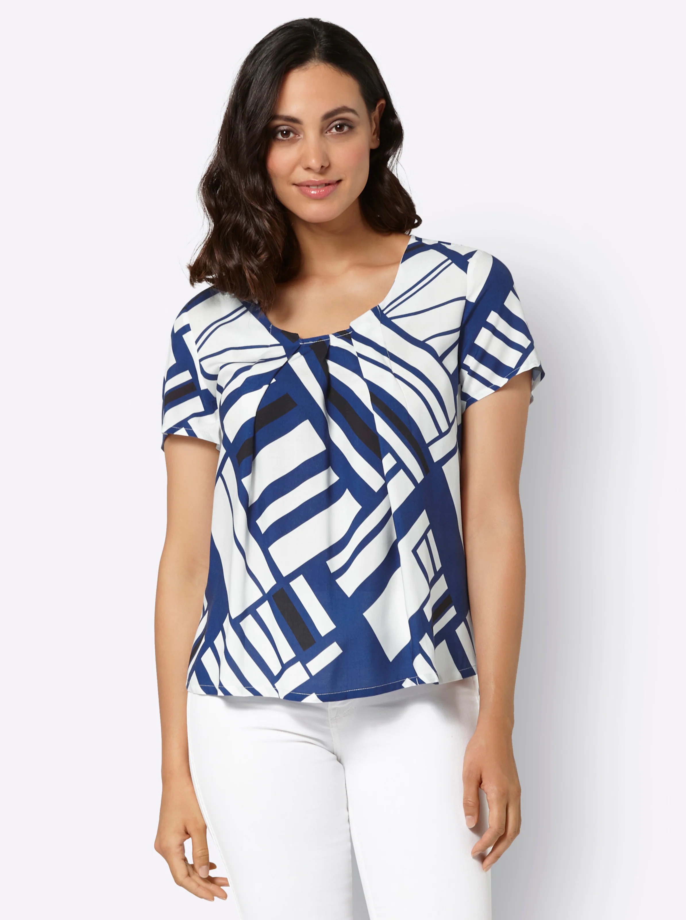 Druckbluse in royalblau-ecru-bedruckt