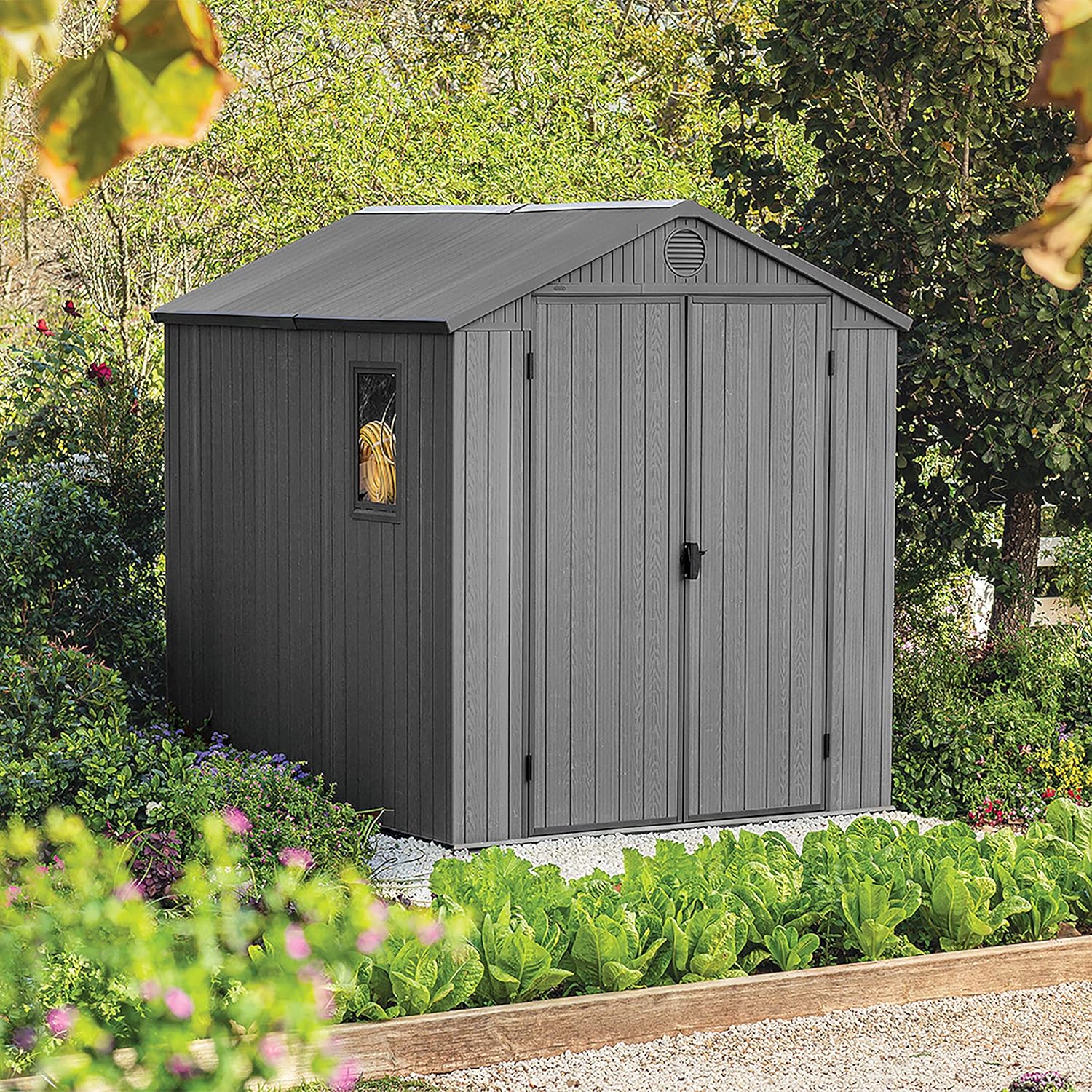 Keter Gerätehaus Darwin 6x8, Grau, Außenmaße 190x244x221cm, wartungsfrei, wetterfest, wasserdicht, mit Unterboden