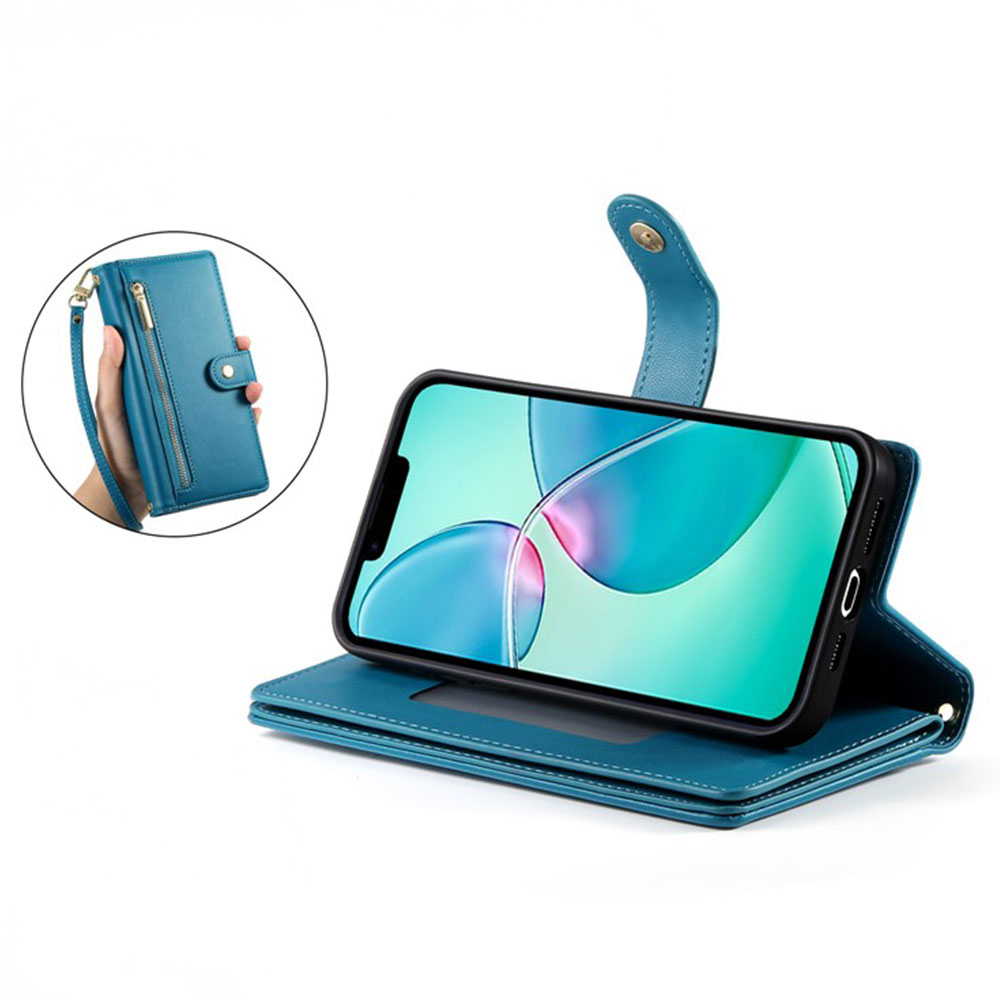 iPhone 16e Leder Tasche Flip Cover mit Reissverschluss   Handschalufe - Blau