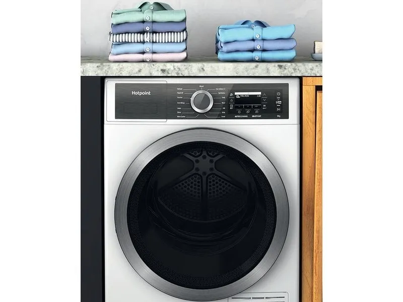 Hotpoint H8 D94WB EU, Fritstående, Front-læsning, Varmepumpe, Hvid, Dreje, Berøring, Højre