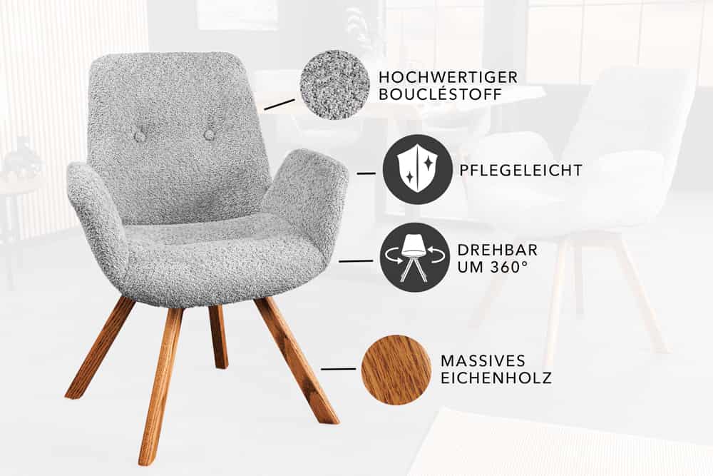 Drehbarer Design Stuhl BALTIC grau Bouclé natur Eiche Massivholz-Beine mit Armlehne
