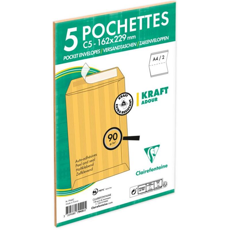 Paquet de 5 Pochettes Kraft Adour Brun C5-162x229mm - Auto-Adhésives - 90g/m2 - Brun