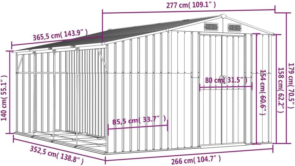 vidaXL Gerätehaus, Gartenhaus mit Schrägdach Griffe, Gartenschuppen Schuppen mit Stauraum, Geräteschuppen Metallschuppen, Anthrazit 277x365,5x179 cm Verzinkter Stahl