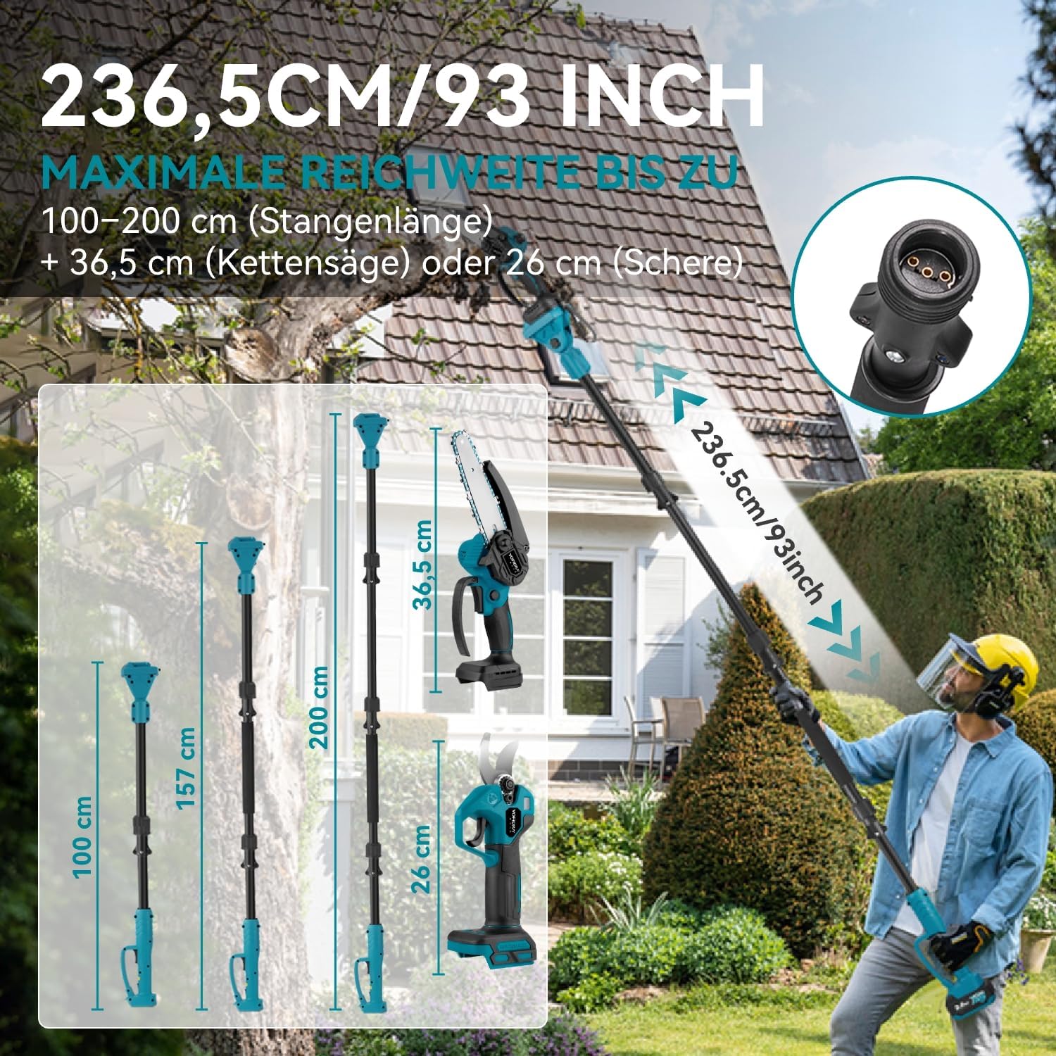 Yofidra 4-IN-1 Akku Hochentaster Ast Kettensäge & Astschere mit Teleskop - Bürstenlos 25mm Baumschere, 6 Zoll Mini Kettensäge, mit 200cm Teleskopstange, 180° Einstellbarer Winkel, 2 x 3.0Ah Akkus
