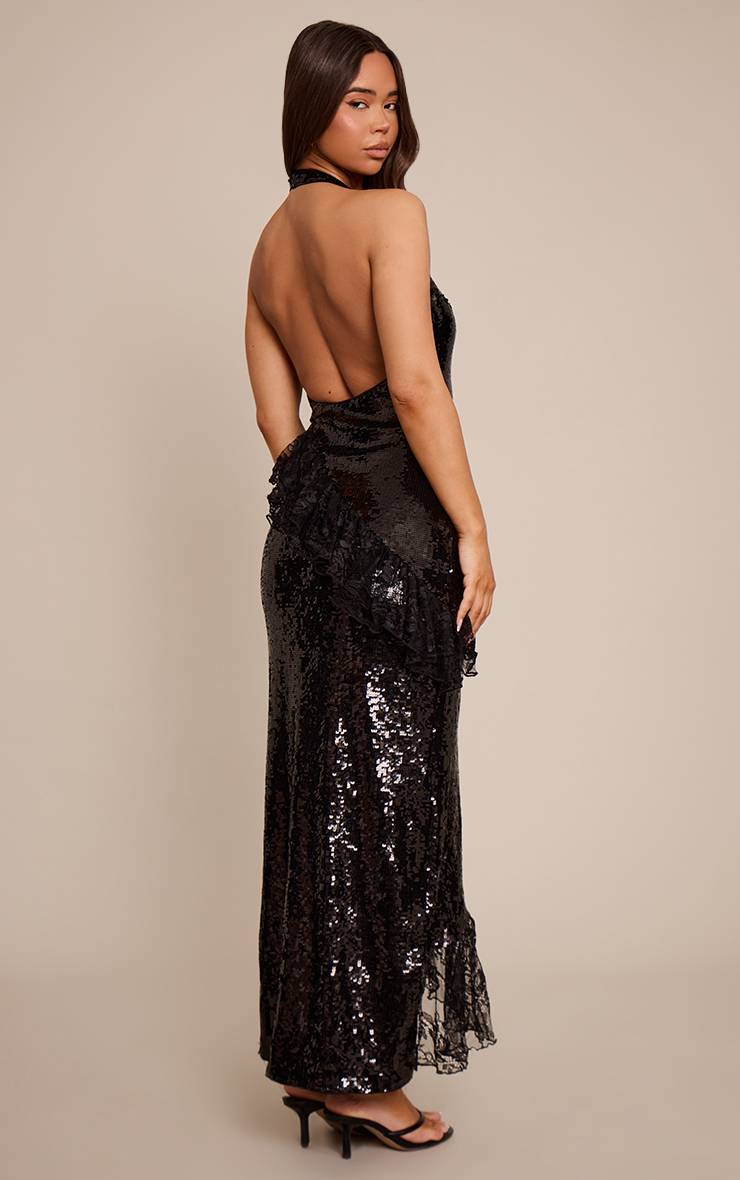 Noir Robe Longue À Col En V Et Volants