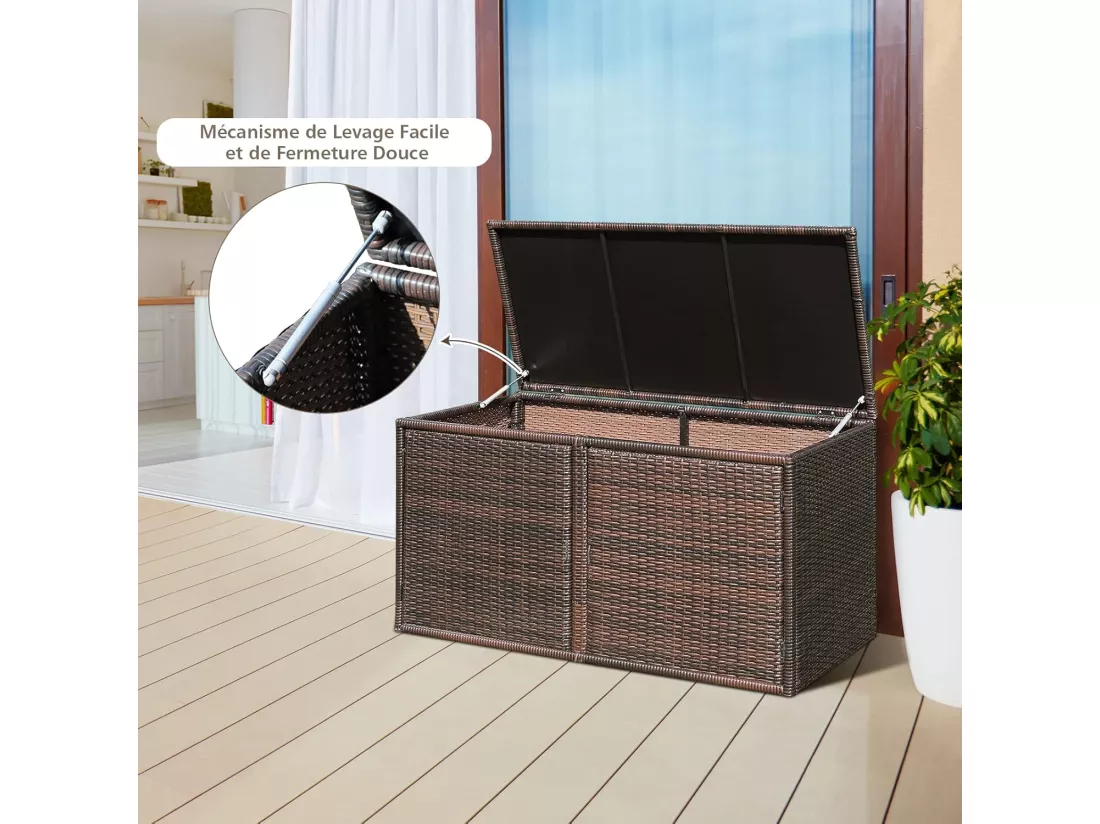 Coffre de Rangement Jardin 335L en Rotin et fibre naturelle PE, Charge Max. 120 kg, Cadre en Acier avec 2 Etagères 115 x 60 x 65 CM（Marron）