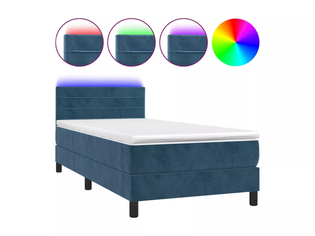 Sommier tapissier et matelas et LED Bleu foncé 90x190cm Velours