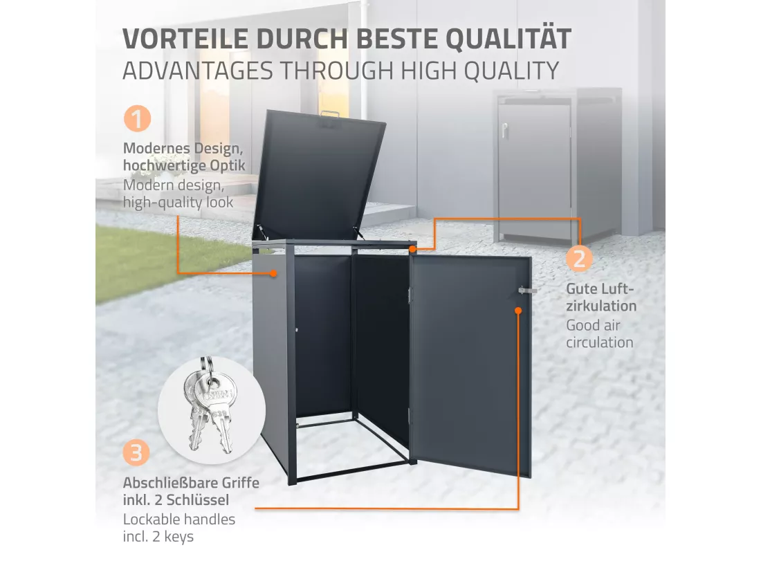 Abri pour poubelle 240L en acier anthracite 68x80x116,3 cm avec poignées 2 clés