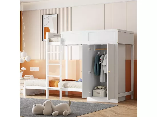 Lit superposé Lit enfant 90x200 avec marche verticale de sécurité armoire sommier à lattes Bois Blanc