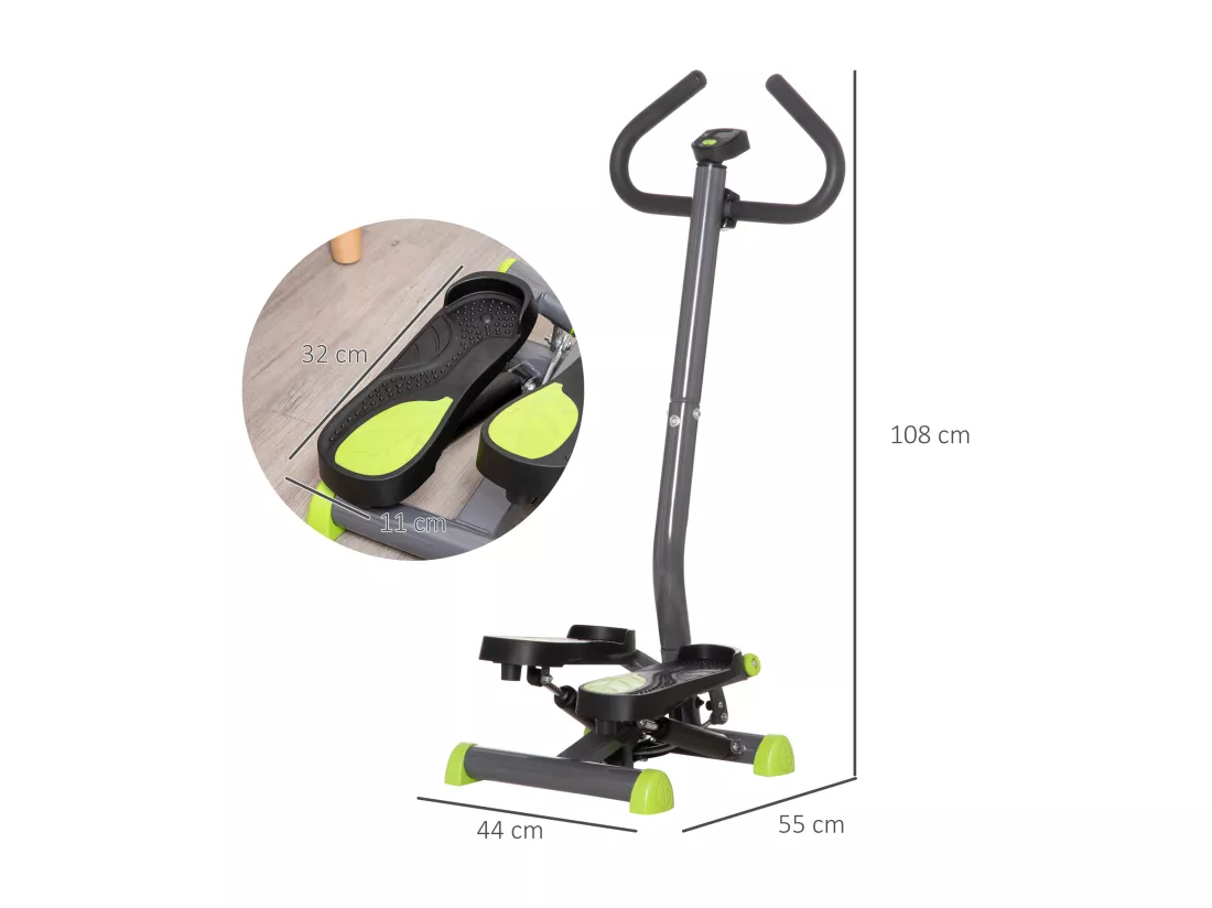 Stepper Fitness avec guidon ergonomique - écran LCD multifonction - résistance réglable - acier gris vert noir