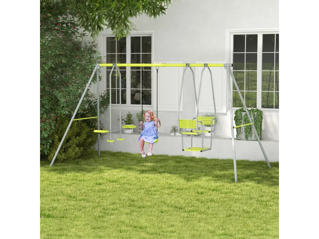 Balançoire 3 agrès portique 2 face à face et balançoire dim. 2,83L x 1,56l x 1,8H m métal époxy PE gris vert