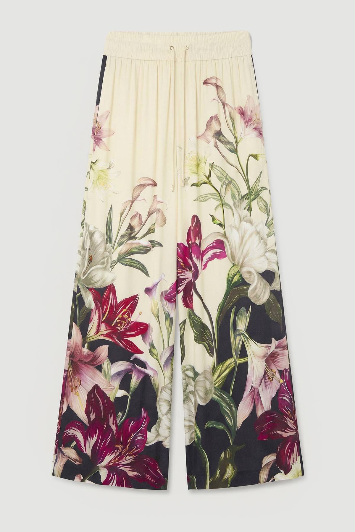 KarenMillen Pantalon Tissé à Jambes Larges en Satin de Viscose à Imprimé Floral