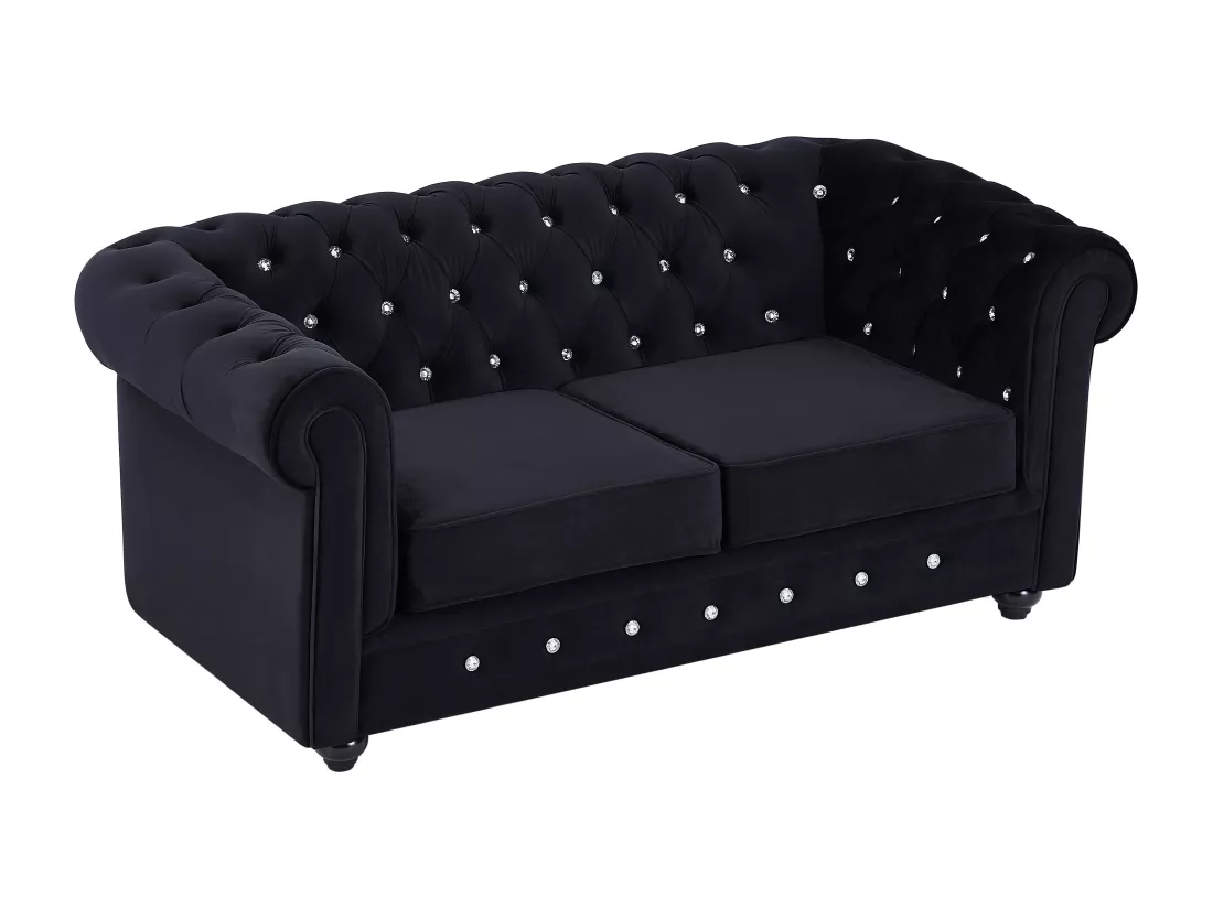 Canapés 3 places, 2 places et fauteuil en velours noir et boutons effet cristal CHESTERFIELD