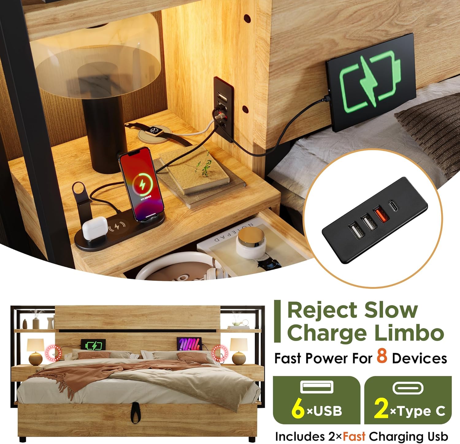 Doppelbett Bettanlage 180x200 mit Nachttisch,Stauraum Kopfteil mit Schubladen und USB Type-C-Ladefunktion,Hydraulisch Stauraumbett Holzbett Bettgestell Jugendbett Erwachsenenbett,Ohne Matratze,Eiche