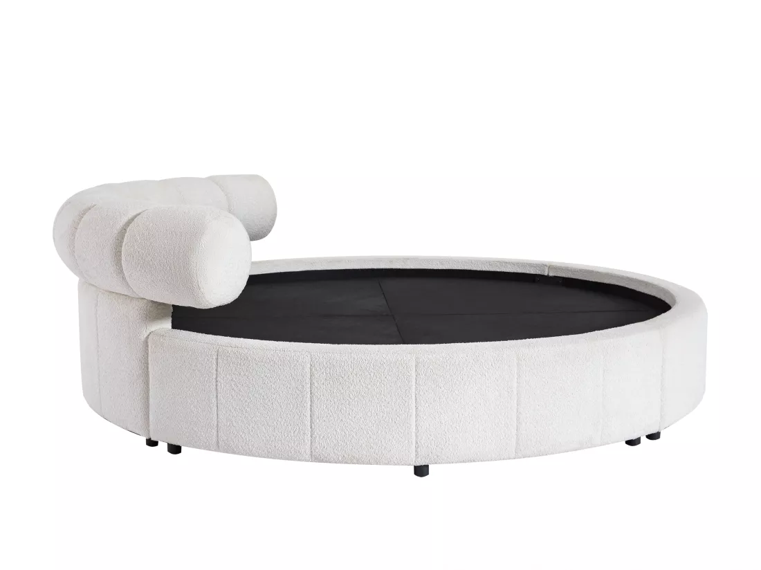 Lit rond 220 x 220 cm - Tissu bouclette - Blanc + Matelas - ROGILA