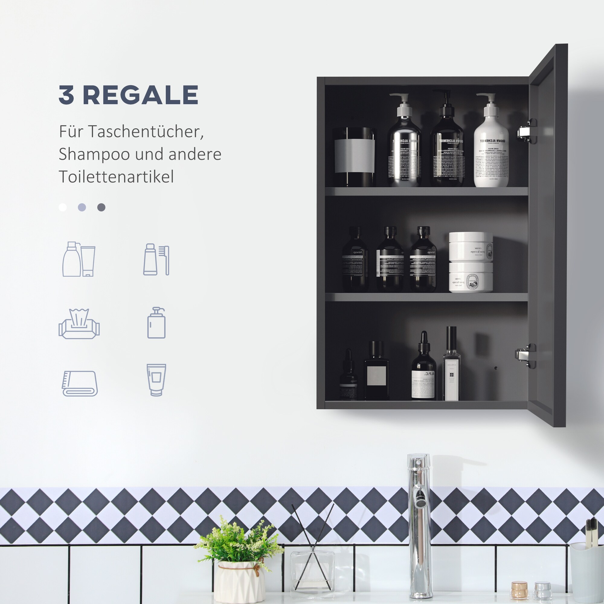 kleankin Spiegelschrank mit Spiegelglastür schwarz 40L x 15B x 60H cm