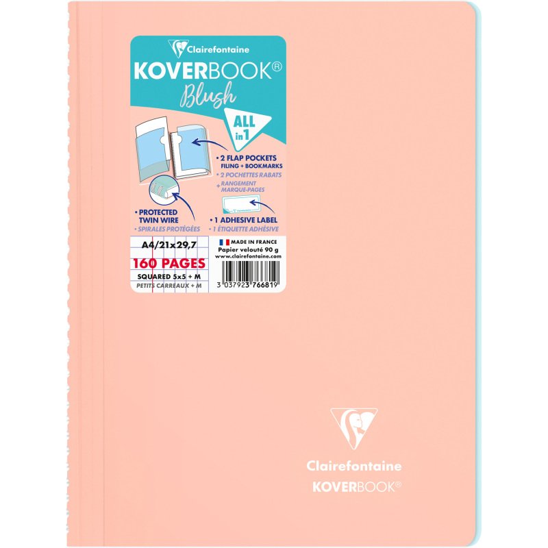 Cahier spirale Clairefontaine Koverbook Blush A4 21 x 29,7 cm petits carreaux 160 pages