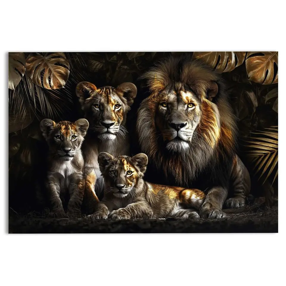 Glasschilderij Lion Family - 78x116cm - Geel