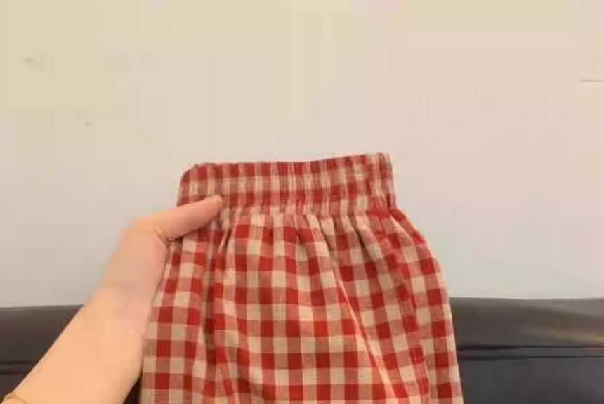 GOUB - Elastische taille geruite pyjamabroek / korte broek