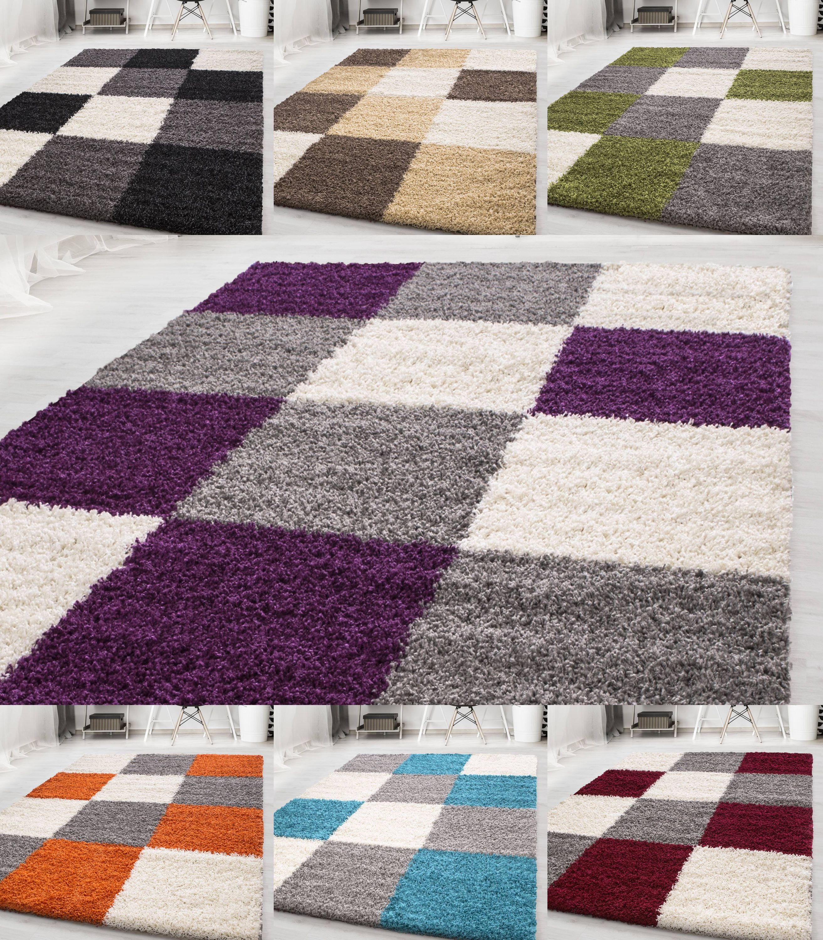 Stilvoller Hochflor-Teppich mit zeitgemäßem Karo-Muster, Shaggy-Teppich