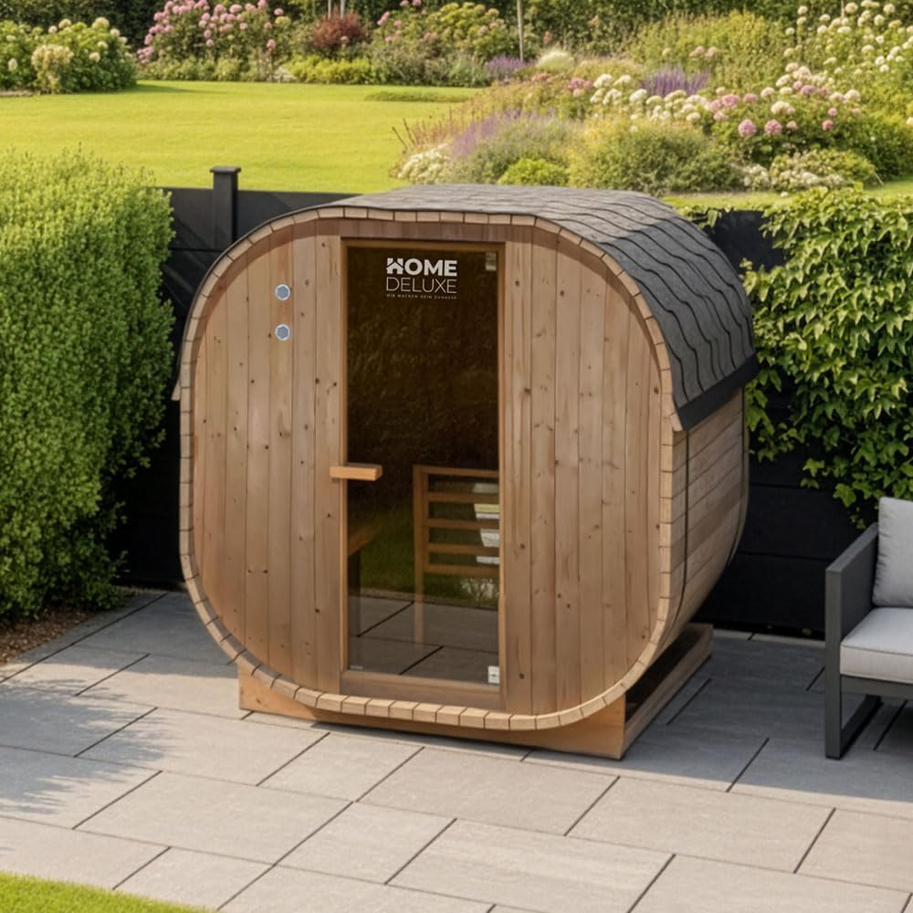 Home Deluxe - Outdoor Sauna Cube L - Maße: ca. 194 cm x 185 cm x 180 cm, Holz: Fichtenholz - inkl. Saunaofen und Saunazubehör I Gartensauna, Außensauna, Sauna Fass für 4 Personen