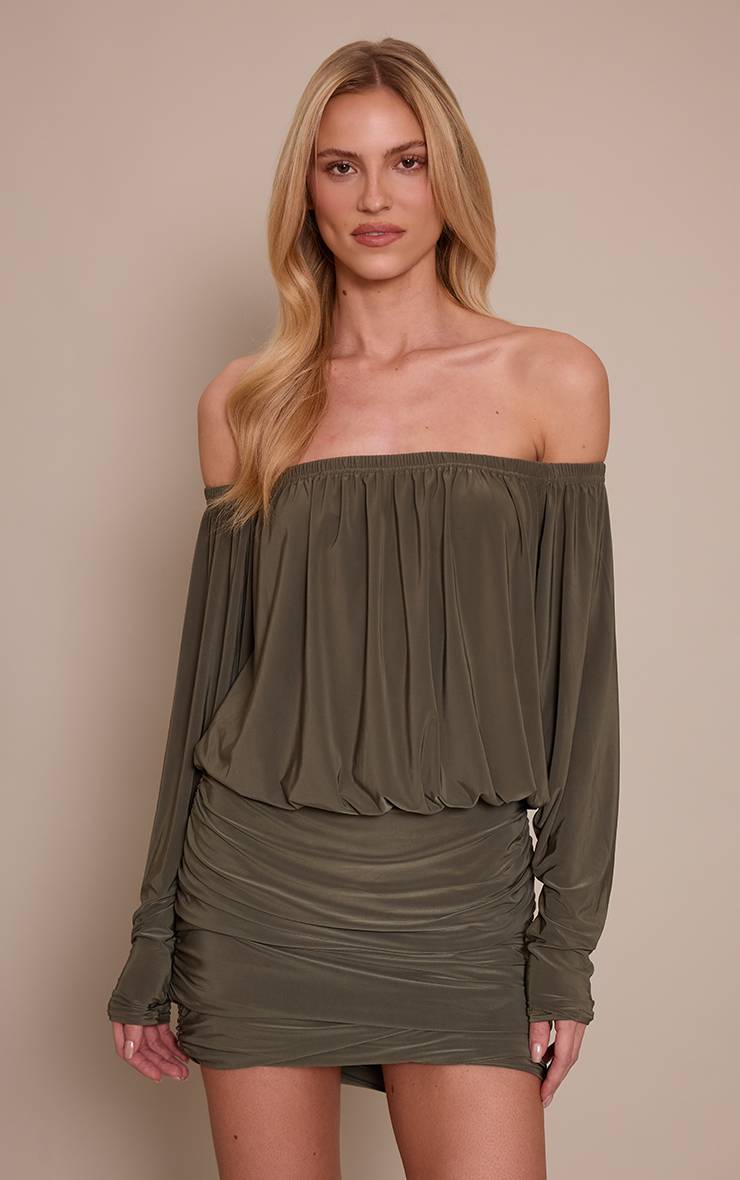 Kaki Robe Mini Drapée Bardot Slinky Double Couche