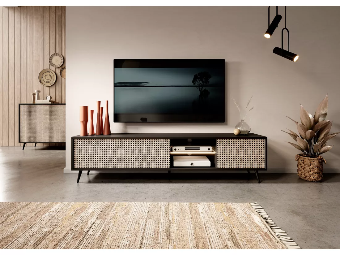 Meuble TV - 175 cm - motif du tressage viennois, pieds noirs - Bello
