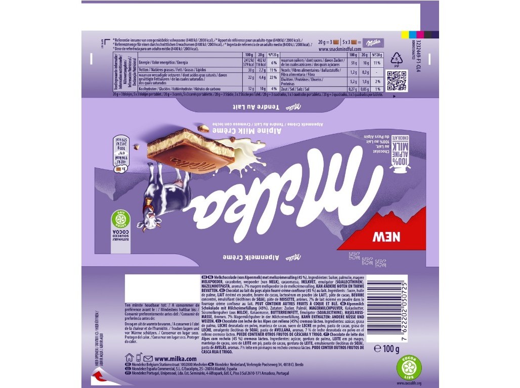 CHOCOLATE DE LEITE MILKA RECHEIO CREME LEITE 100G