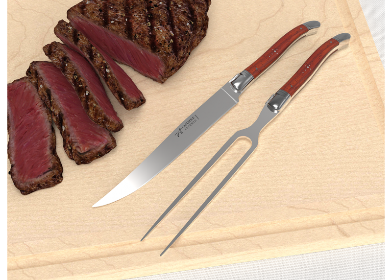 Service à viande Laguiole avec un manche en bois de corail et mitres en acier inoxydable