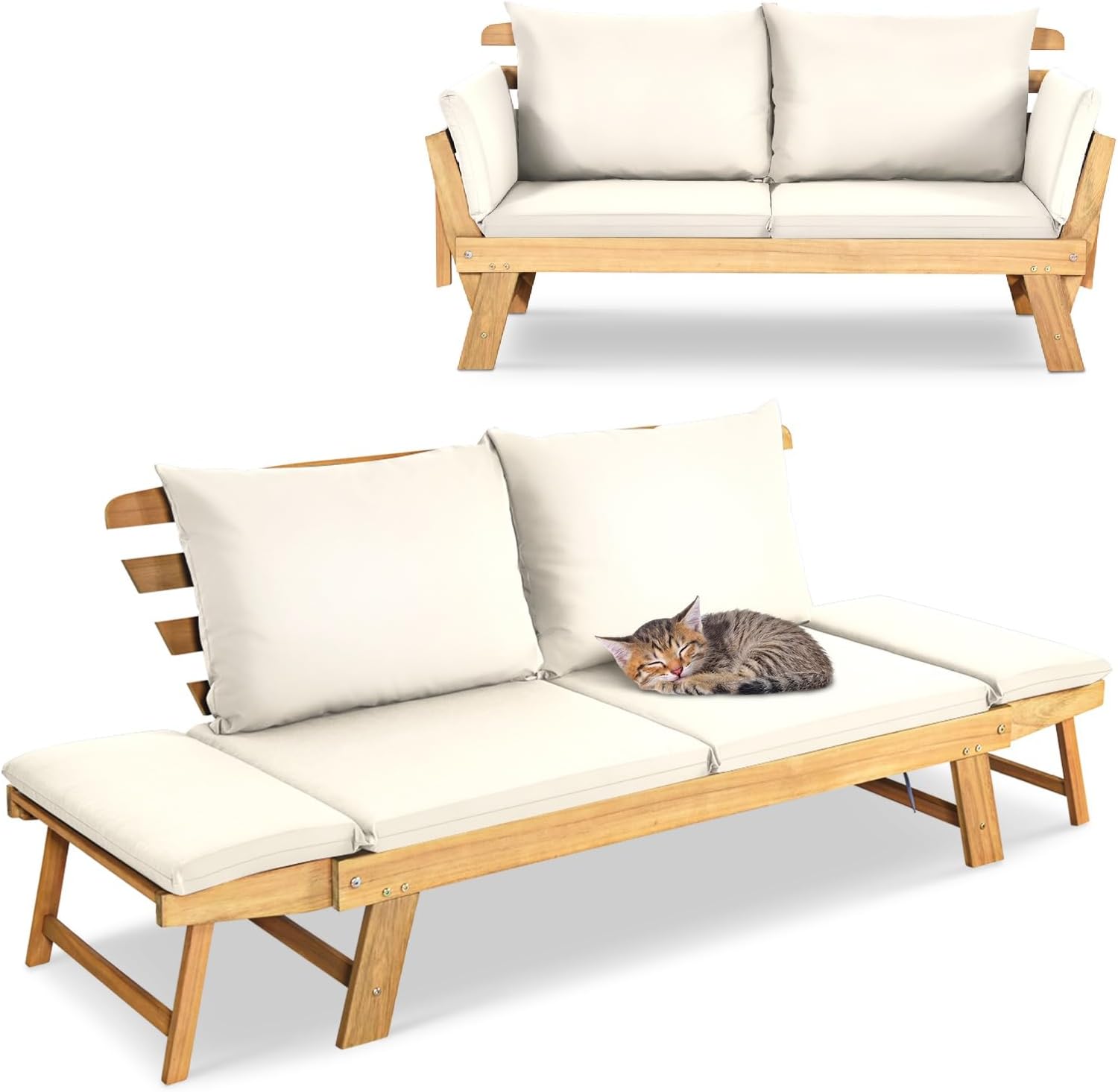 GIANTEX Liegesofa mit klappbaren Seitenlehnen, Gartenbank Sitzbank mit Auflagen, Sonnenliege Gartenliege aus Akazienholz, Multifunktionsbank Balkonbank Parkbank Gartenmöbel (Beige+Natur)