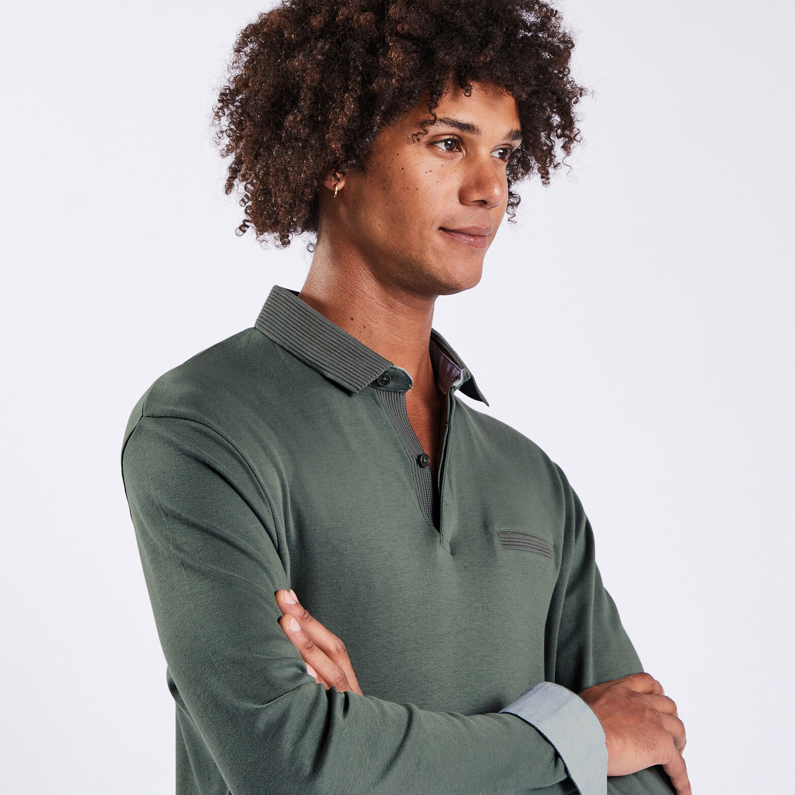 Polo manches longues interlock uni Vert kaki