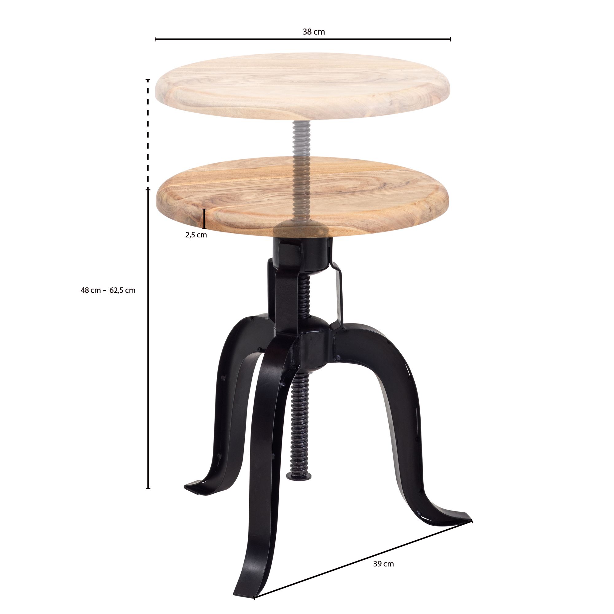 Drehhocker FineBuy Hocker Metall / Holz Massiv 39x62,5x39 cm Dekohocker Rund