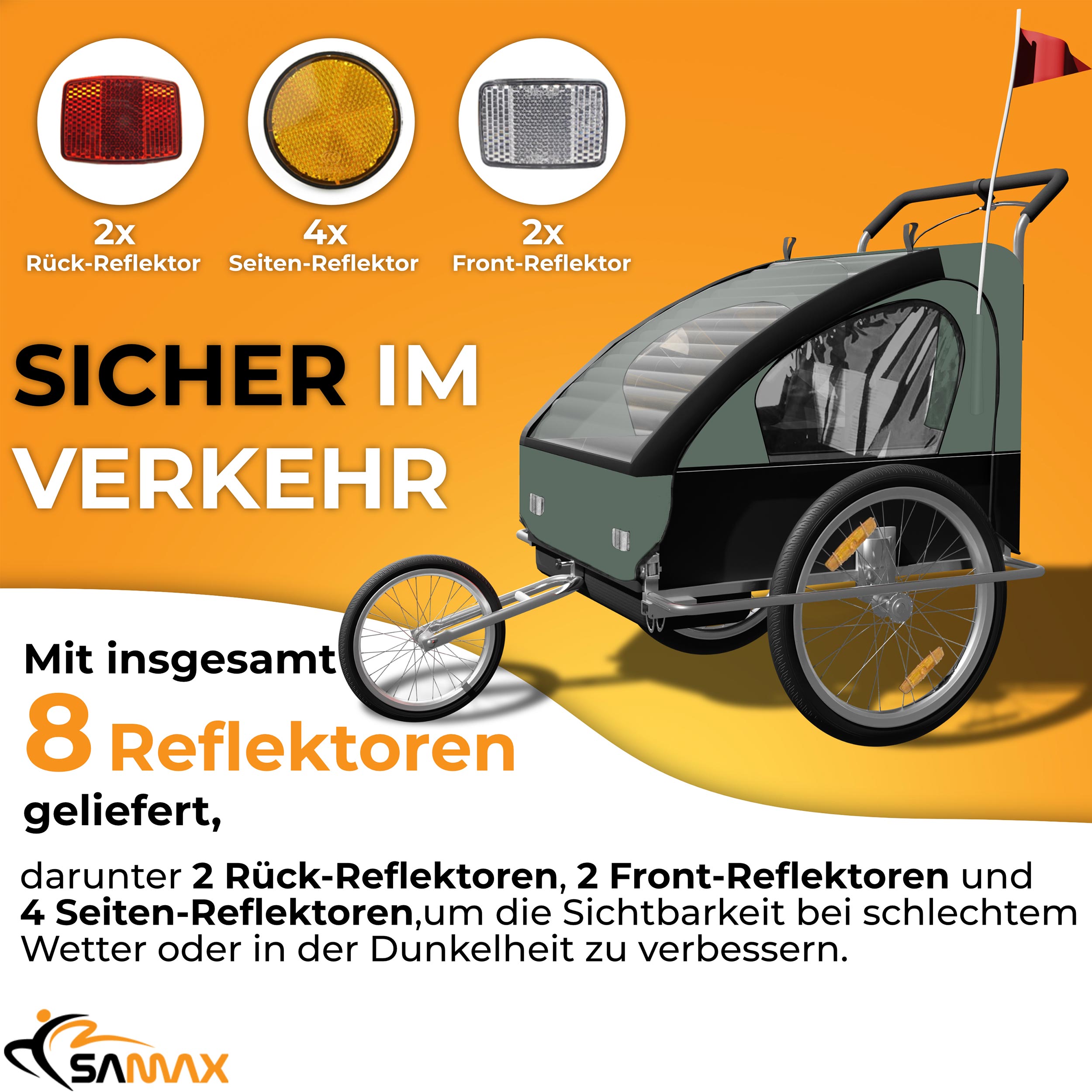 SAMAX Fahrradanhänger 2in1 Jogger - in Dunkelgrün/Schwarz - Silver Frame