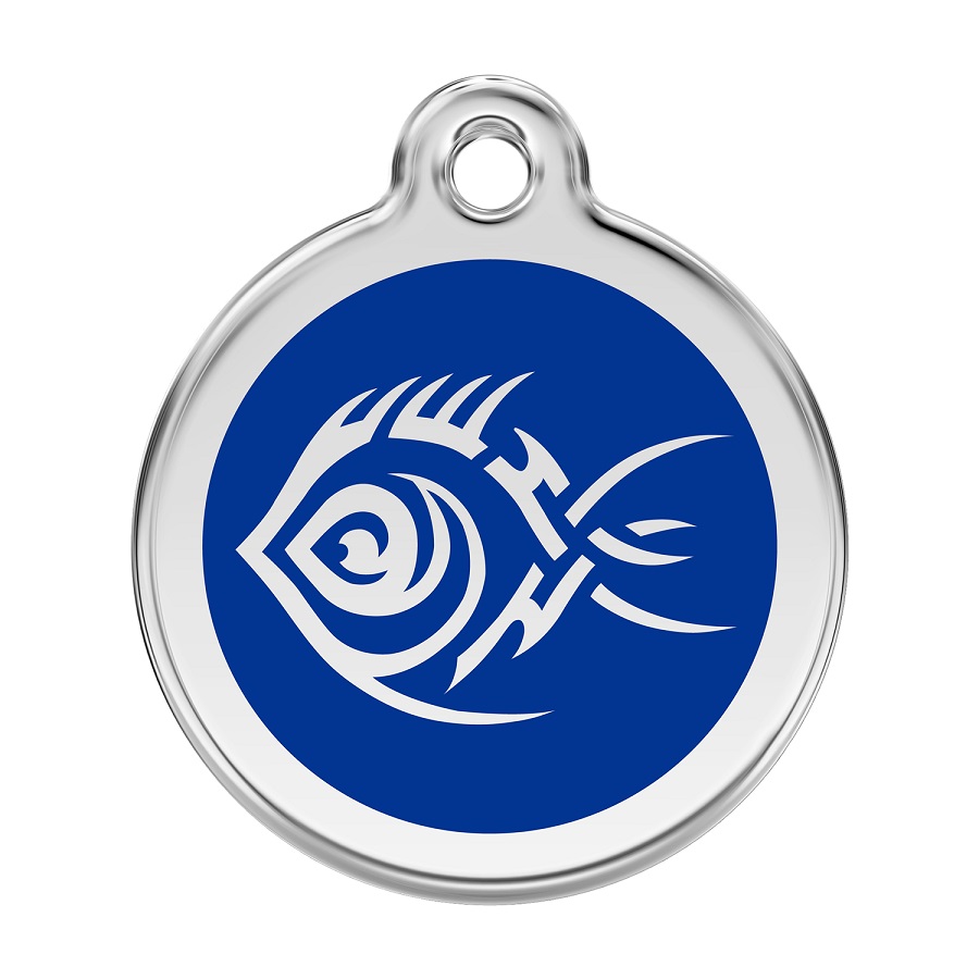 Placa de identificação para cães em aço inoxidável esmaltado com desenho tribal de peixe azul