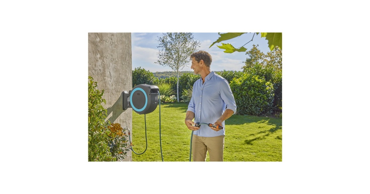 GARDENA35 m Wand-slangenbox Powerroll XL slanghaspel  (Grijs/turquoise, 35 meter, Accu en oplader inbegrepen, POWER FOR ALL ALLIANCE)