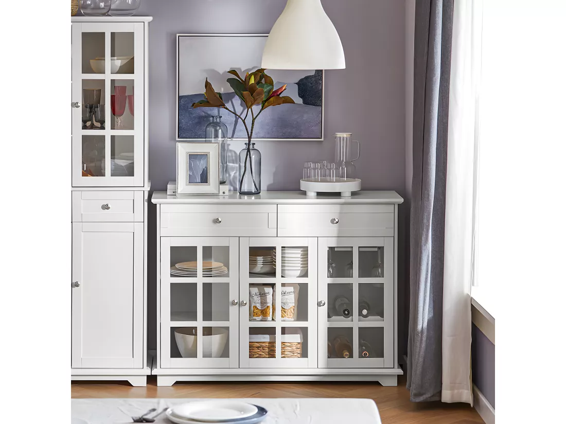 SoBuy Buffet Bas, Commode Armoire de Rangement, Placard de Cuisine, Meuble de Rangement pour Cuisine Salle à Manger Salon Entrée avec 3 Portes Vitrées, 2 Tiroirs, 119 x 40 x 90 cm, Blanc, FSB77-W