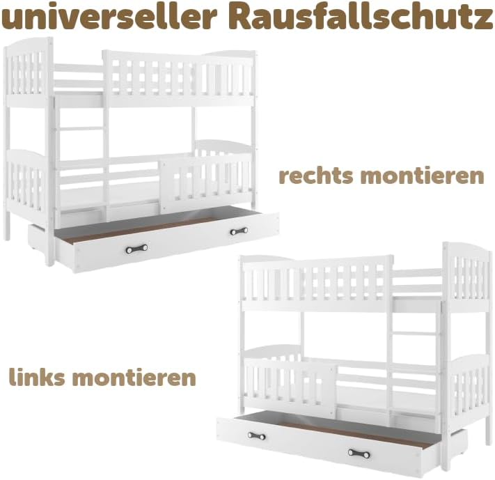 Interbeds Etagenbett 190x90 cm Hochbett Stockbett mit Schublade Holzbett Kiefernholz Kinderbett Jugenbett mit Lattenrost und Rausfallschutz (weiß, 190x90)