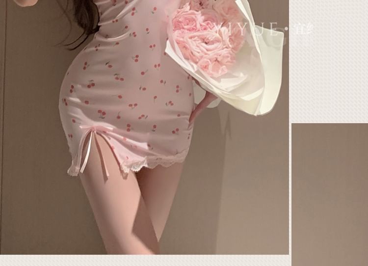 Candyiry - Set: Henley Cherry Print Lace Trim Chemise + String