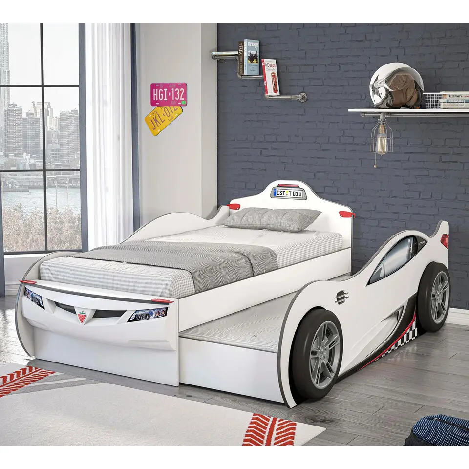 Autobed - Met logeerbed - Jongensbed - 210x107x83 cm - Wit