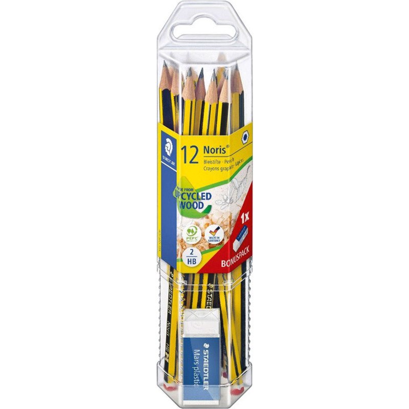 Pack de 12 crayons à papier Staedtler Noris HB + gomme offerte