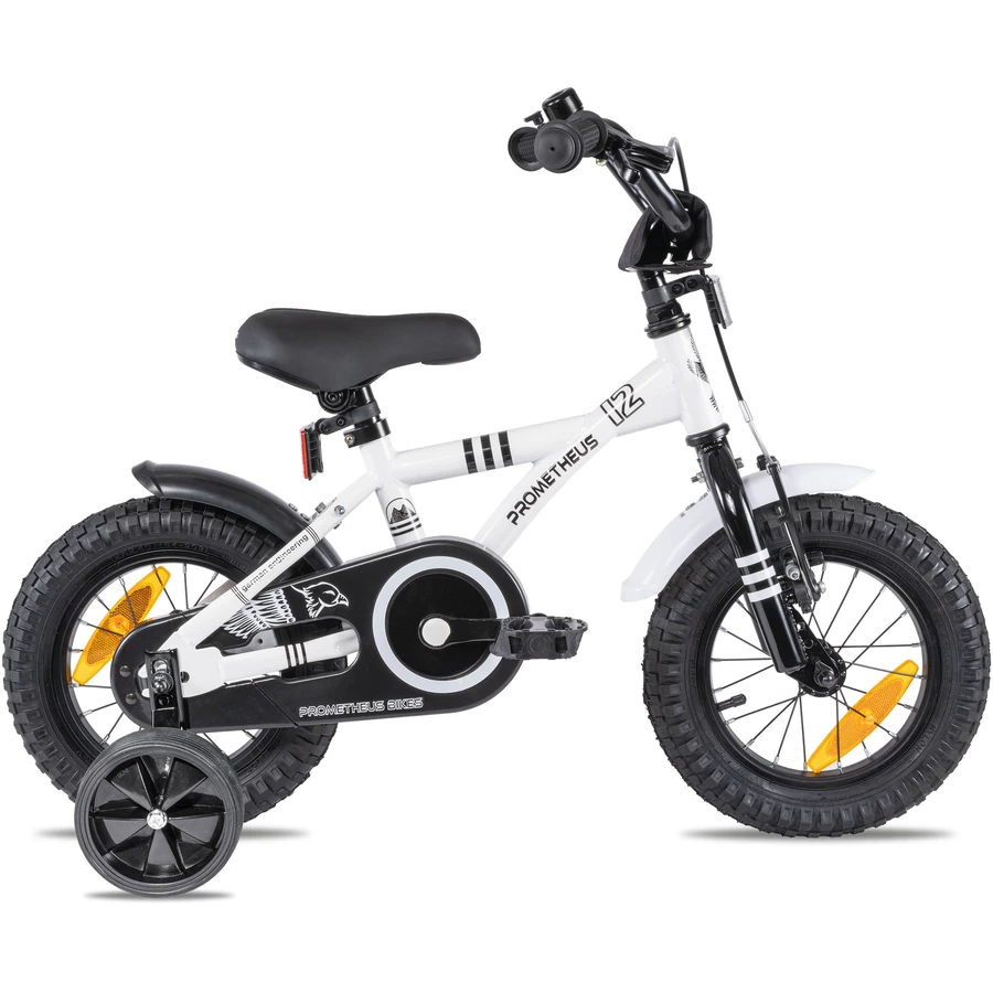 PROMETHEUS BICYCLES® Kinderfahrrad 12 in Weiß & Schwarz ab 3 Jahre mit Stützräder