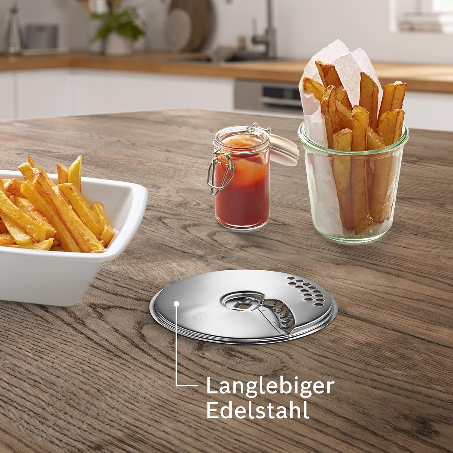 Bosch Küchenmaschine MUM5 CreationLine MUM58720, Edelstahl-Schüssel 3,9 L, Mixer 1,25 L, 1000 W, rot & Bosch Pommes-Frites-Scheibe MUZ45PS1, für Pommes Frites, Wendescheibe, robust, Edelstahl