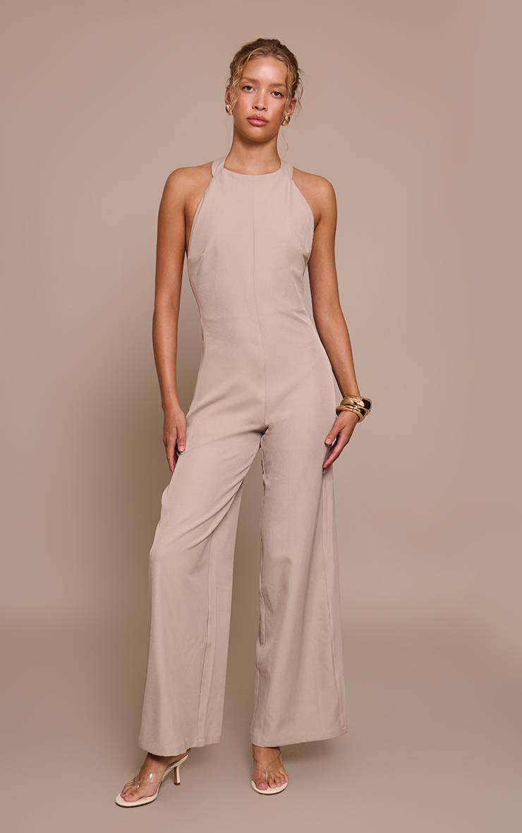 Gris Combinaison-pantalon Premium Tissée À Encolure Dos-nu Et Jambes Droites