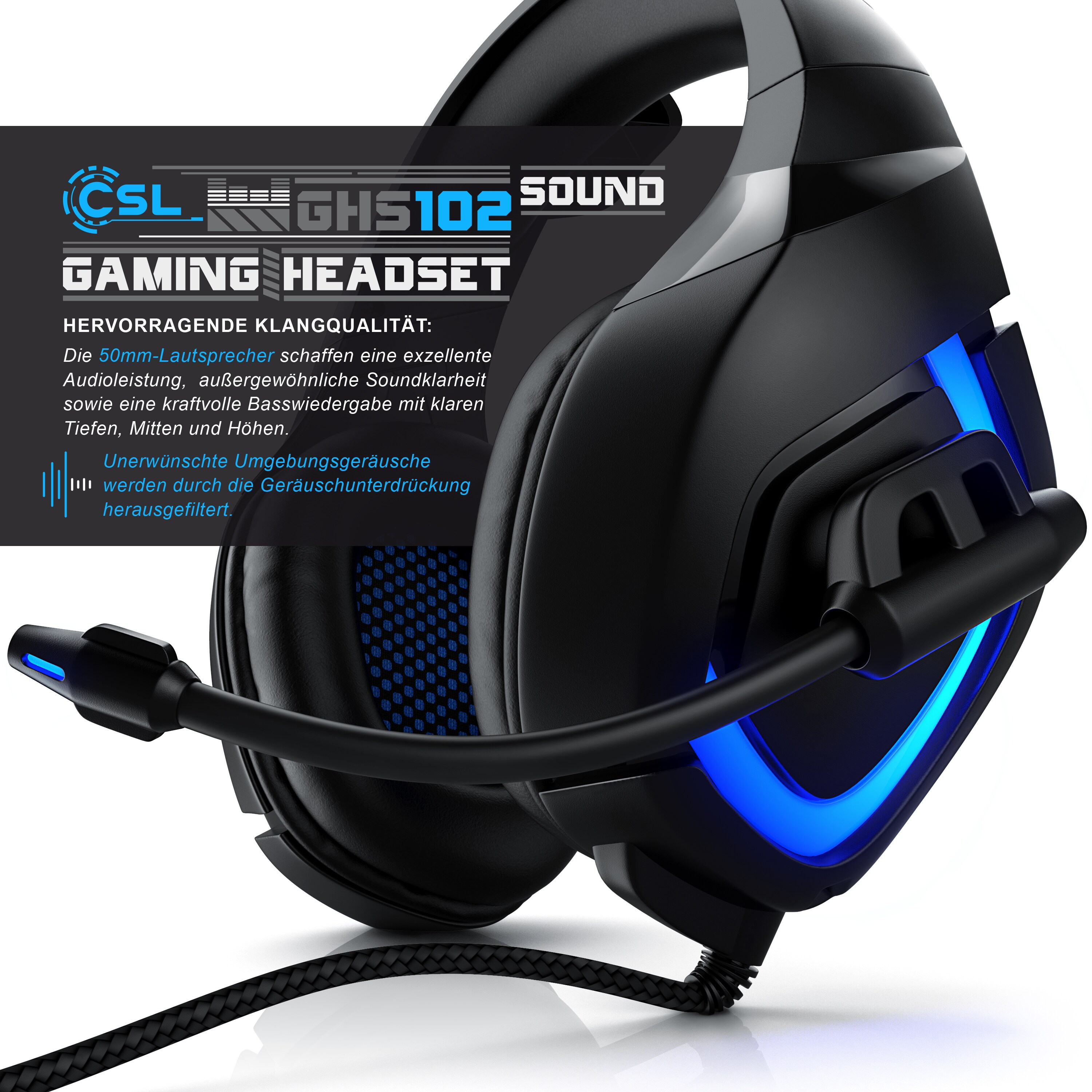 CSL USB Gaming Headset GHS-103 mit Mikrofon Kopfhörer für PC (Win XP/7/8/8.1/10), PS4/4 Pro