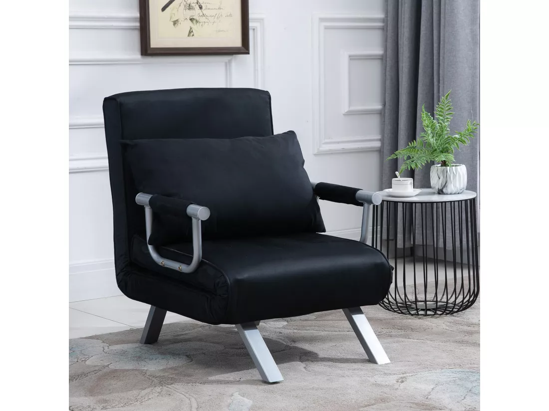 Fauteuil chauffeuse canapé-lit convertible 1 place déhoussable grand confort coussin pieds accoudoirs métal suède noir