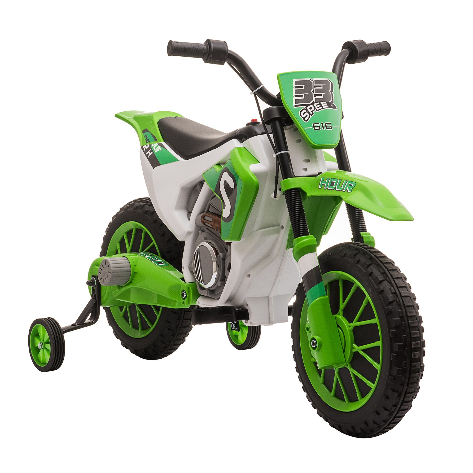Motocicleta elétrica infantil HOMCOM com 2 rodas de apoio removíveis para crianças a partir de 3 anos, capacidade de carga de 30 kg (1 unidade), inclui bateria e carregador.
