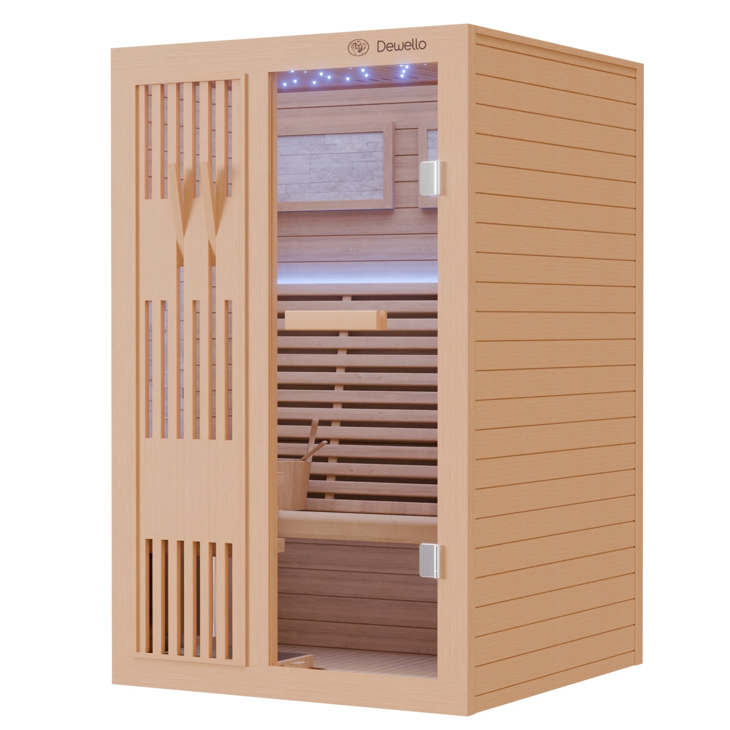 Dewello Finnische Sauna MINTO 120x120 Kabine aus Hemlock Tannenholz mit 3,5 kW Harvia Ofen, inkl Sauna Set
