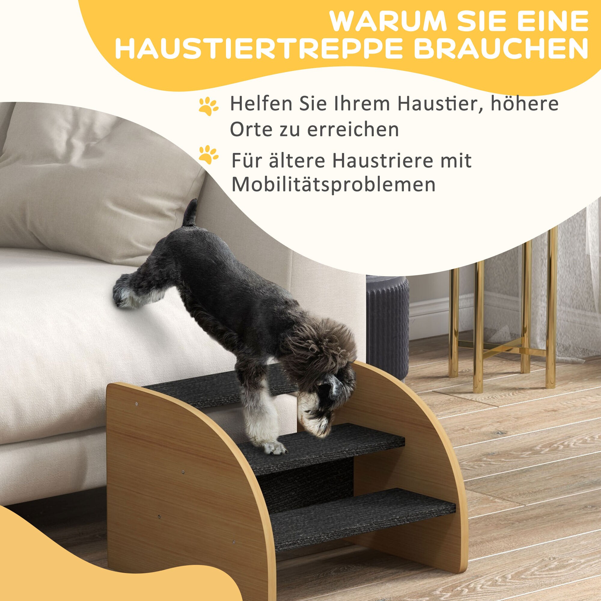 PawHut Hundetreppe mit 8-9,5 cm Treppenstufenerhöhungen natur, schwarz 38,5L x 38,5B x 30H cm